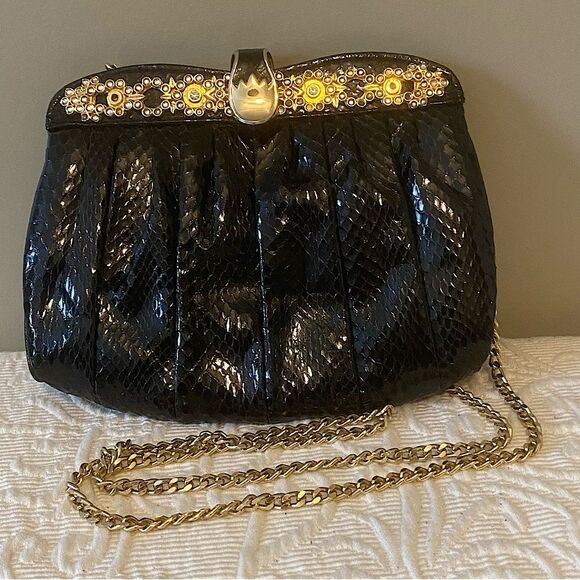 VINTAGE SHALS BLACK SNAKESKIN CLUTCH Crossbody Evening Handbag - Picture 1 of 6